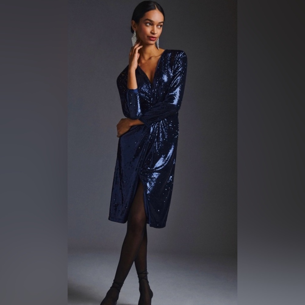 NWT Anthropologie Twist Front Navy Sequin Dress